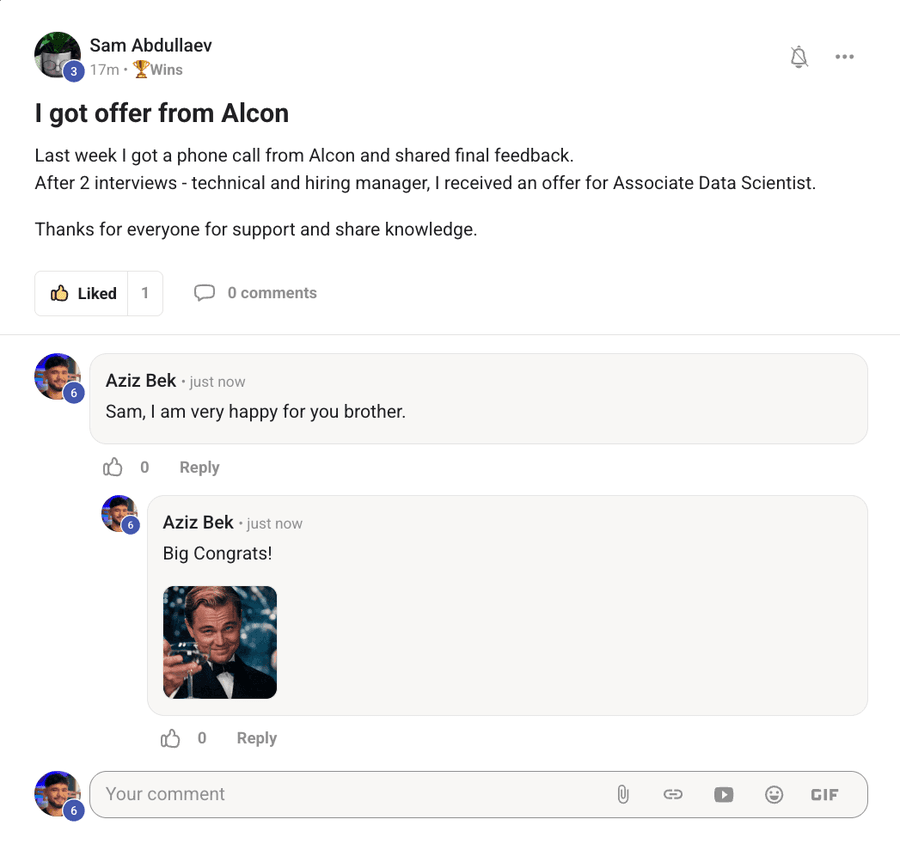 Community post by Sam Abdullaev: an offer from Alcon for Associate Data Scientist after two interviews.