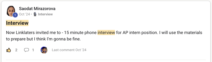 Community post by Saodat Mirazorova: Linklaters invited her to a fifteen-minute phone interview for an AP intern position.