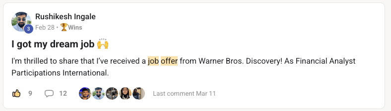 Community post by Rushikesh Ingale: a job offer from Warner Bros. Discovery as Financial Analyst.