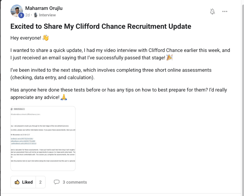 Community post by Maharram Orujlu: passed the video interview stage at Clifford Chance and invited to online assessments.