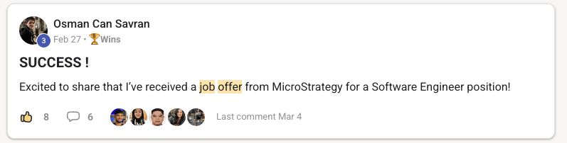 Community post by Osman Can Savran: a job offer from MicroStrategy for a software engineer position.