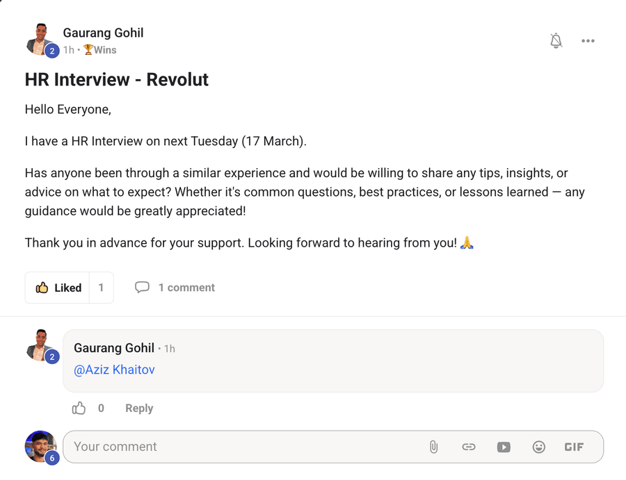 Community post by Gaurang Gohil: an HR interview at Revolut scheduled for the following Tuesday.
