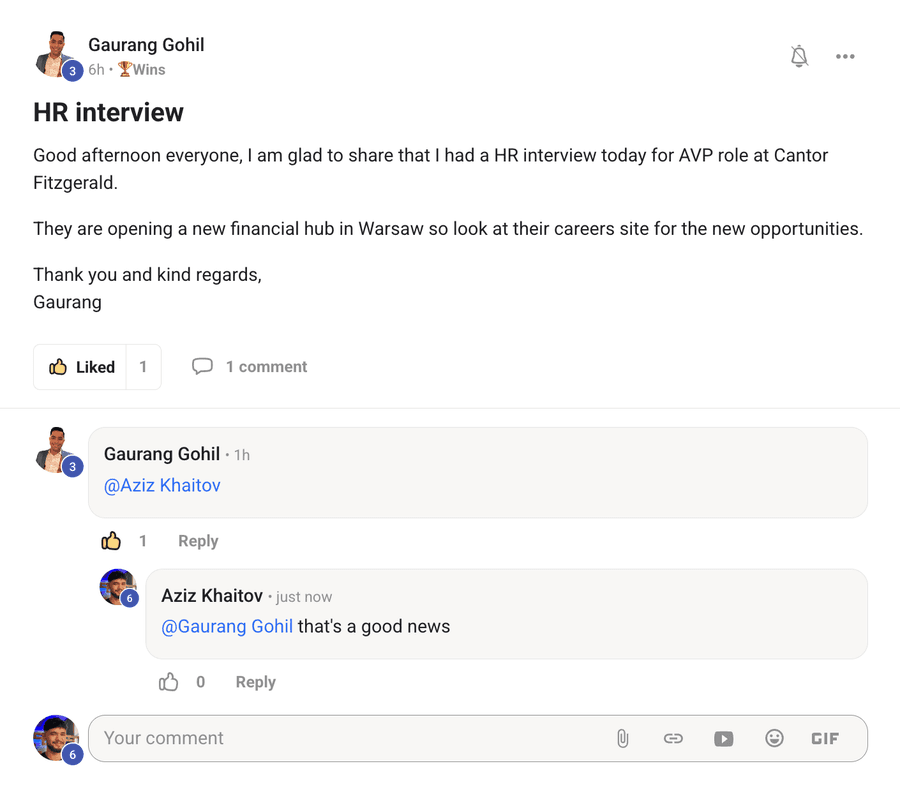 Community post by Gaurang Gohil: an HR interview for an AVP role at Cantor Fitzgerald.