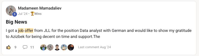 Community post by Madameen Mamadaliev: a job offer from JLL for a data analyst position requiring German.