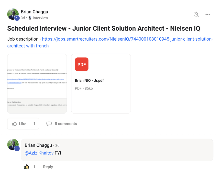 Community post by Brian Chaggu: a scheduled interview for Junior Client Solution Architect at Nielsen IQ.