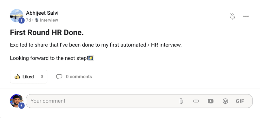 Community post by Abhijeet Salvi: a first automated HR interview round completed.