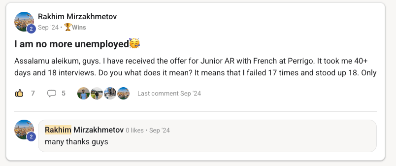Community post by Rakhim Mirzakhmetov: an offer for Junior AR with French at Perrigo, after forty days and eighteen interviews.