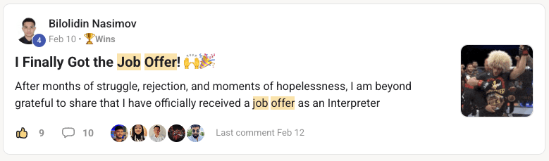 Community post by Bilolidin Nasimov: after months of rejection, an offer received as an interpreter.