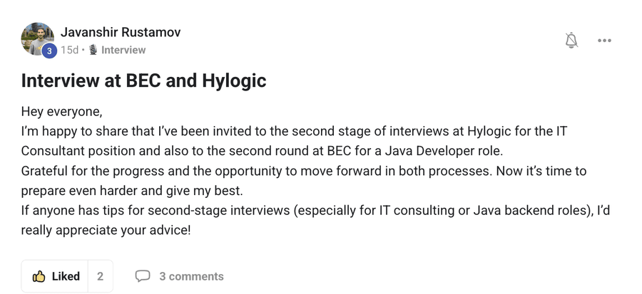 Community post by Javanshir Rustamov: second-stage interviews at both Hylogic and BEC.
