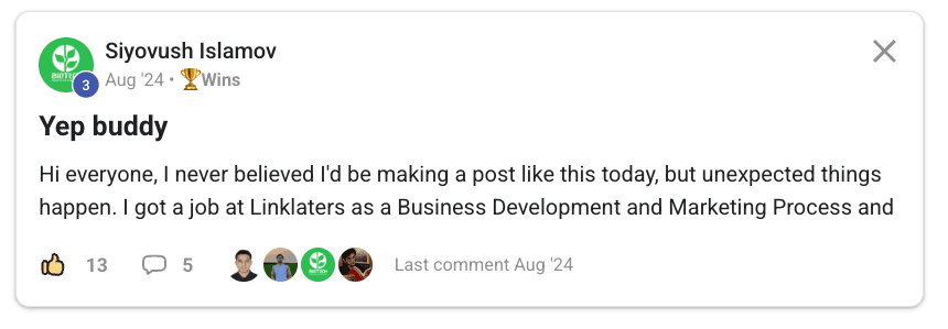 Community post by Siyovush Islamov: a job at Linklaters in business development and marketing process.