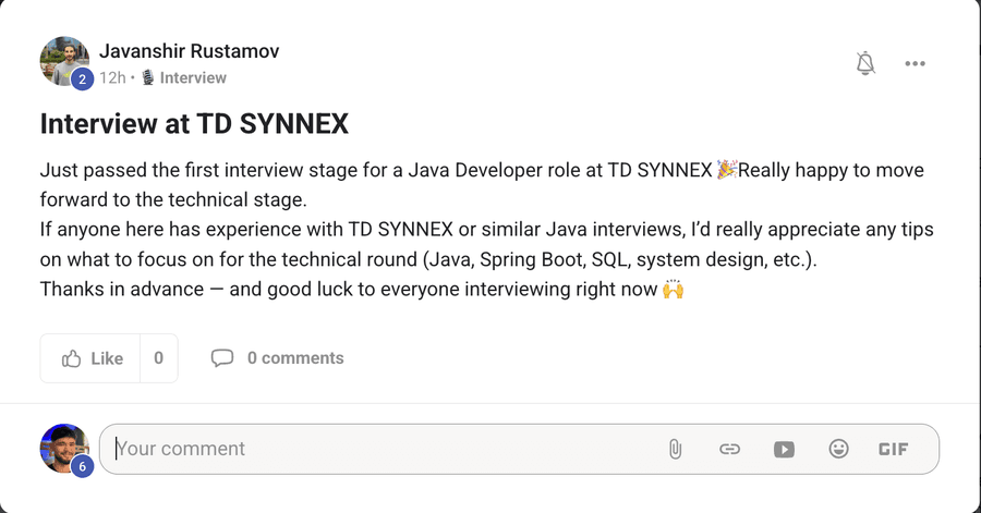 Community post by Javanshir Rustamov: passed the first interview stage for a Java developer role at TD SYNNEX.