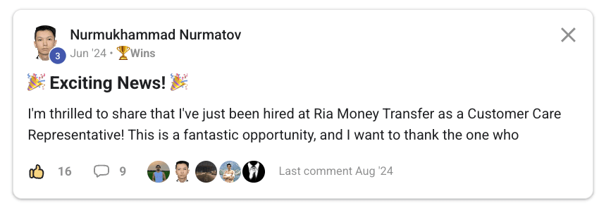 Community post by Nurmukhammad Nurmatov: hired at Ria Money Transfer as a customer care representative.
