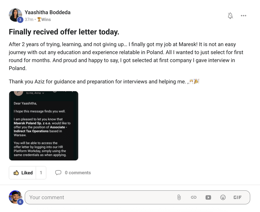 Community post by Yaashitha Boddeda: an offer letter received from Maersk for Associate, Indirect Tax Operations in Warsaw.