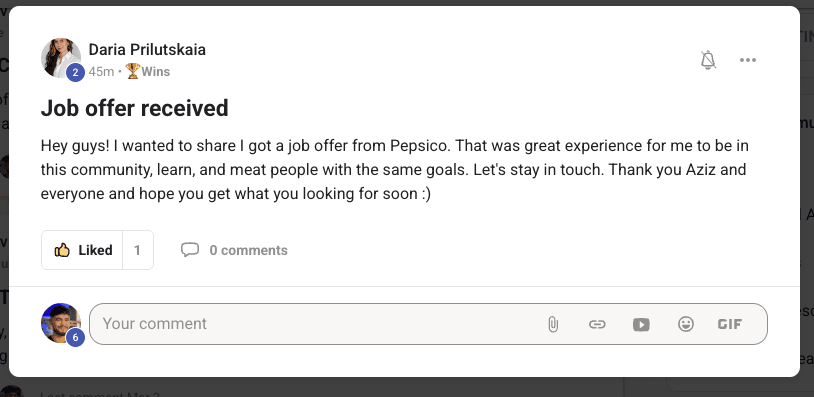 Community post by Daria Prilutskaia: a job offer received from PepsiCo.