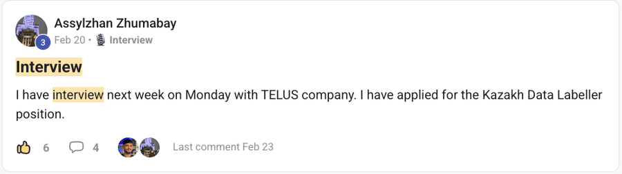 Community post by Assylzhan Zhumabay: an interview with TELUS for a Kazakh data labeller position.