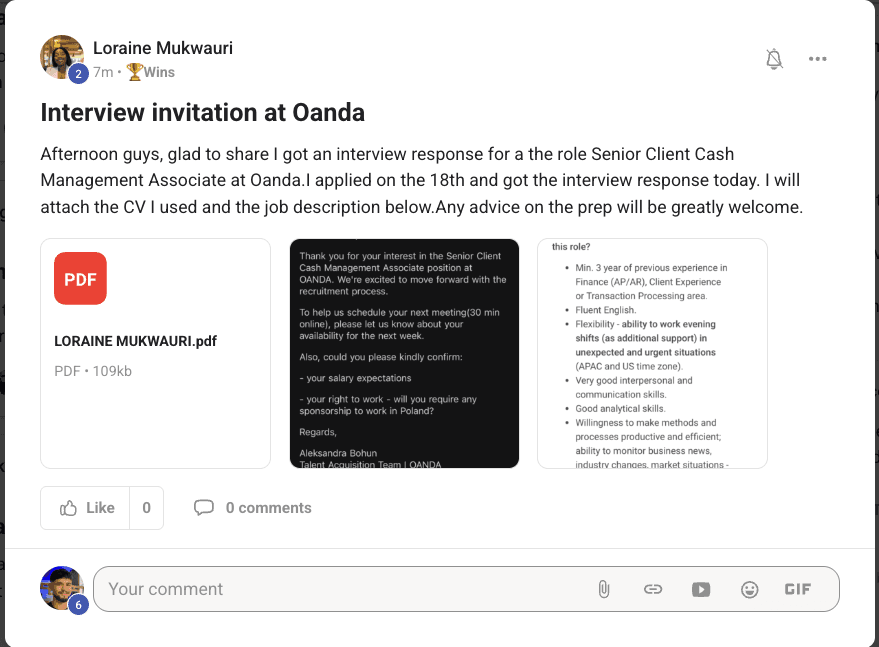 Community post by Loraine Mukwauri: an interview invitation at Oanda for Senior Client Cash Management Associate.
