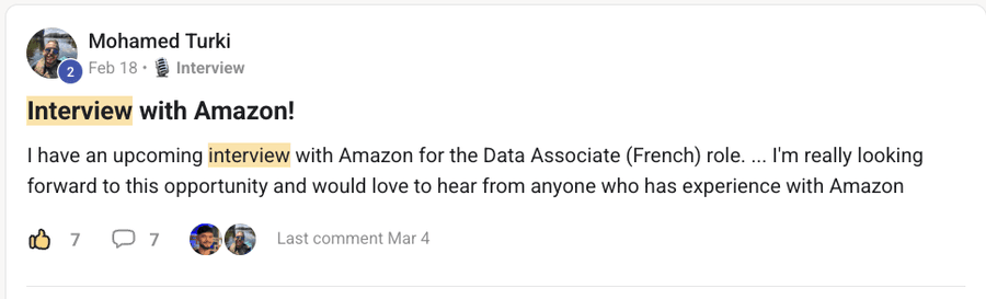 Community post by Mohamed Turki: an upcoming interview with Amazon for a French-speaking data associate role.