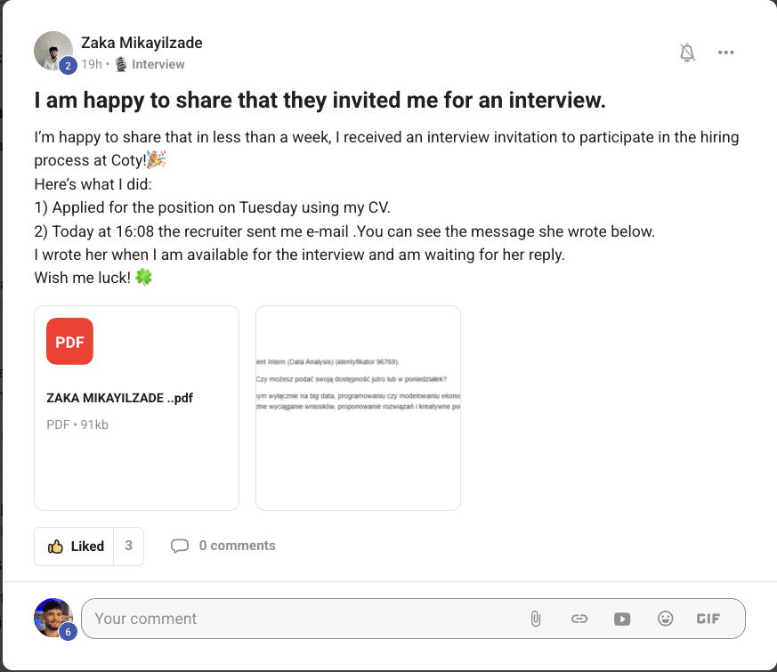 Community post by Zaka Mikayilzade: an interview invitation received within a week of applying.