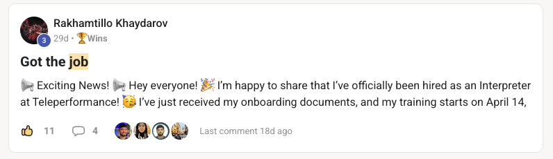 Community post by Rakhamtillo Khaydarov: hired as an interpreter at Teleperformance, with onboarding documents received and training starting on 14 April.