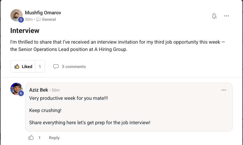 Community post by Mushfig Omarov: an interview invitation for Senior Operations Lead, the third opportunity that week.