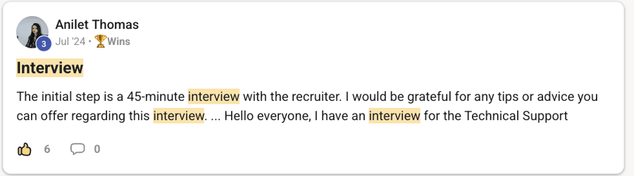 Community post by Anilet Thomas: a forty-five-minute recruiter interview for a technical support role.