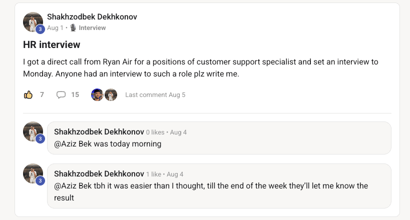 Community post by Shakhzodbek Dekhkonov: a direct call from Ryanair HR and an interview set for Monday.