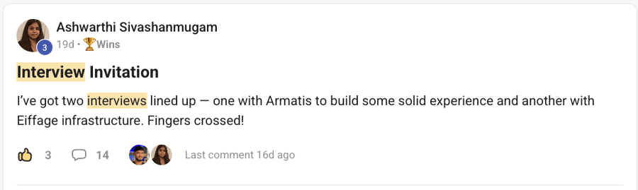 Community post by Ashwarthi Sivashanmugam: two interviews lined up, at Armatis and at Eiffage.