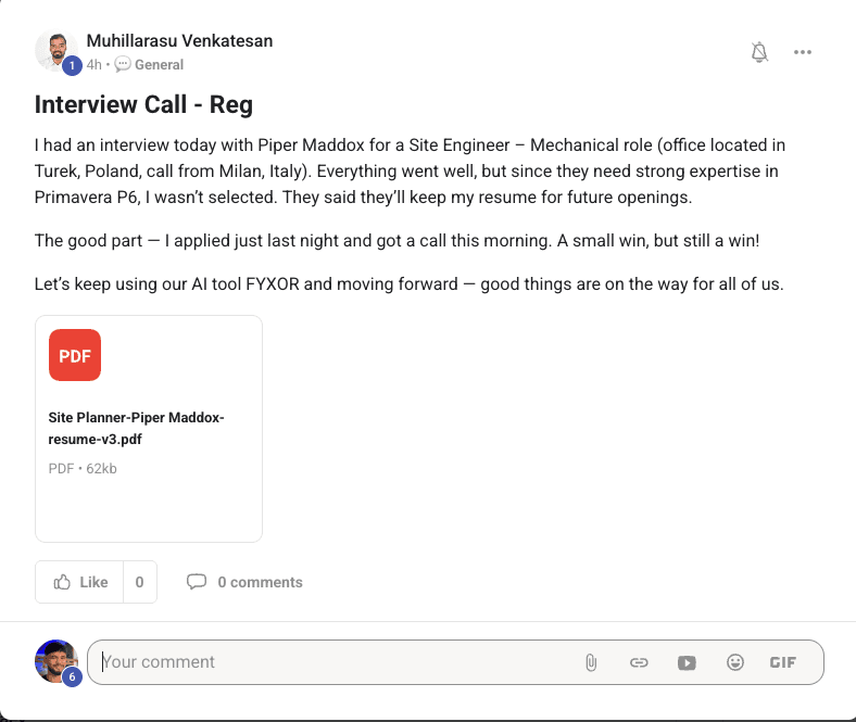 Community post by Muhillarasu Venkatesan: an interview for a site engineer role at Piper Maddox, applied to the previous night.