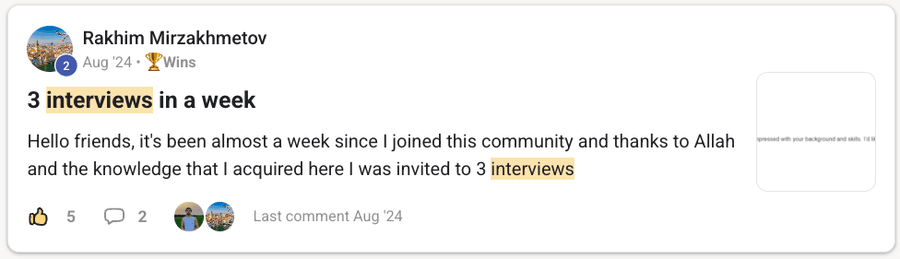 Community post by Rakhim Mirzakhmetov, headed "3 interviews in a week", a week after joining the community.