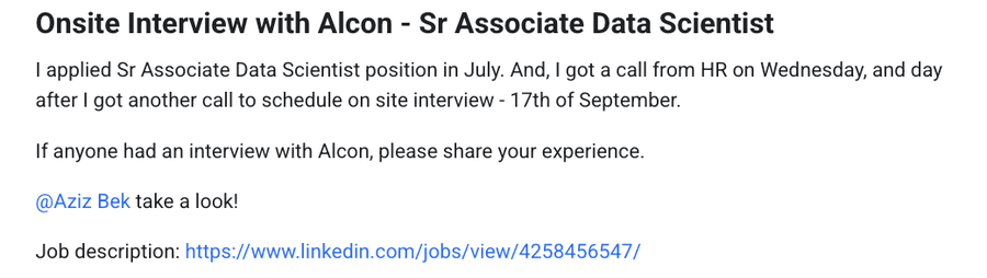 Community post: an onsite interview at Alcon for Senior Associate Data Scientist, scheduled for 17 September.