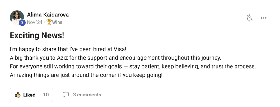 Community post by Alima Kaidarova: hired at Visa.