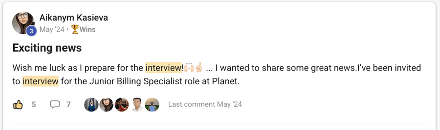 Community post by Aikanym Kasieva: an interview invitation for Junior Billing Specialist at Planet.