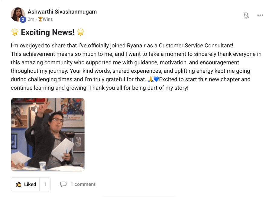 Community post by Ashwarthi Sivashanmugam: officially joined Ryanair as a customer service consultant.