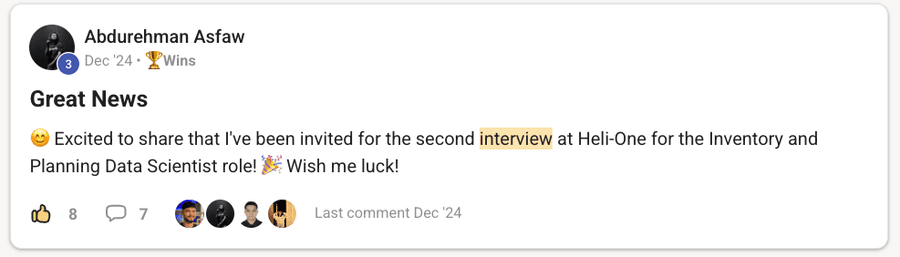 Community post by Abdurehman Asfaw: invited to a second interview at Heli-One for an inventory and planning data scientist role.